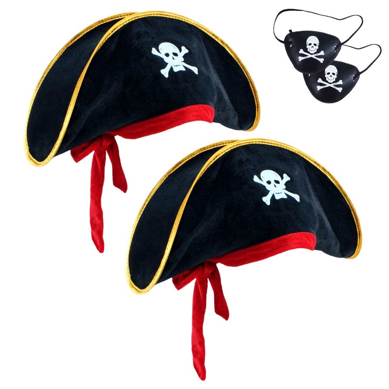 D-Fokes 2 Pieces Pirate Hat Skull Print Pirate Captain Costume Cap - Pirate Accessories Funny Party Hat for Caribbean Fancy Dress with Eye Patch - Image 1